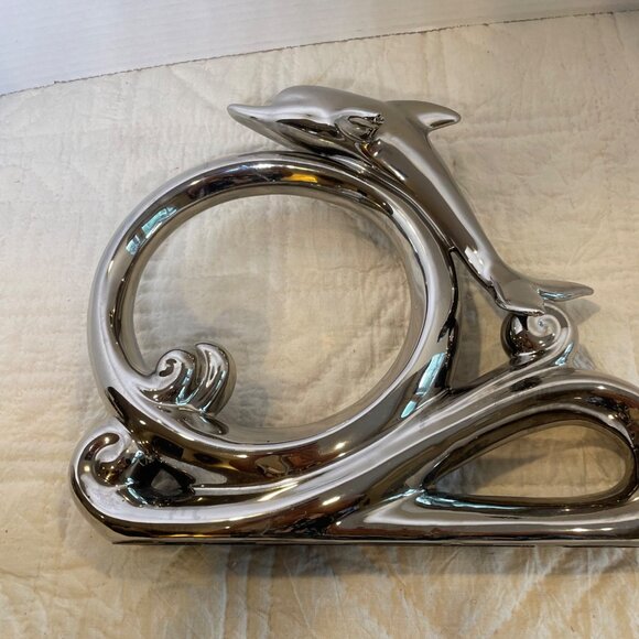 Large Vintage Herco Dolphin Figurine On Wave Decorative Sculpture Chrome Modern - Picture 8 of 12
